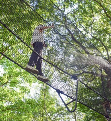parcours dans les arbres, filets suspendus, jardins de brocéliande